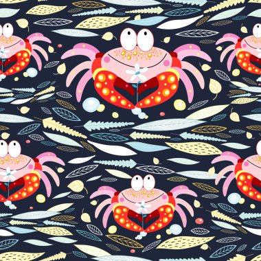 Seamless pattern of leaves and crabs clipart