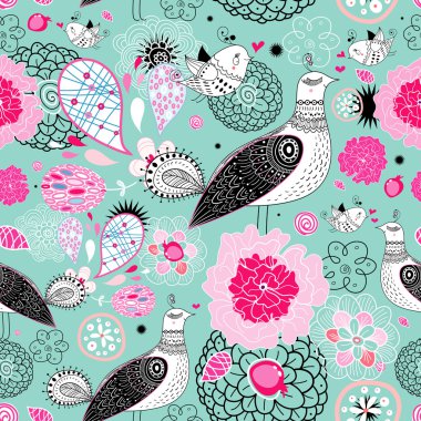 Flower texture with fantastic birds clipart