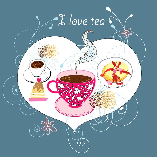 Carte postale avec thé et gâteaux — Image vectorielle