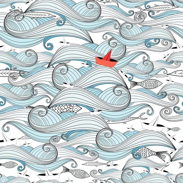 图形模式的波浪和船 — 图库矢量图片