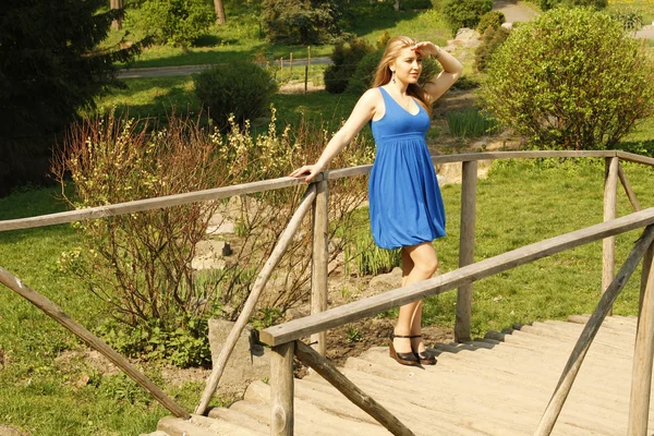 stock image Beautiful girl in blue standing on the bridge in the park