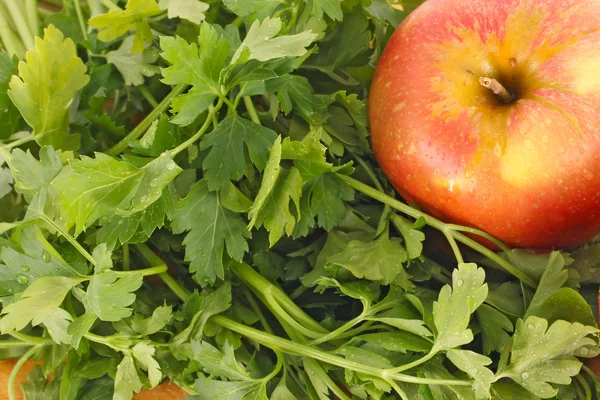 Red apple and parsley background — Stock Photo, Image