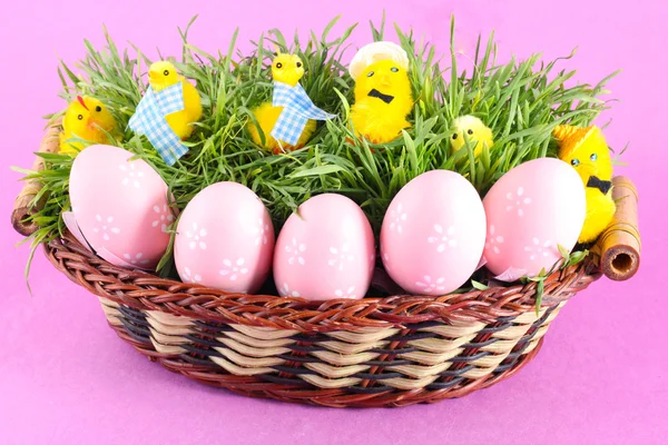Beautiful easter basket with chicken and decorated eggs in green grass — Stock Photo, Image