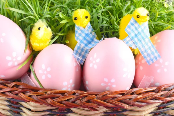 Yeşil çimen yumurta tavuk ve dekore edilmiş güzel Paskalya sepeti — Stok fotoğraf