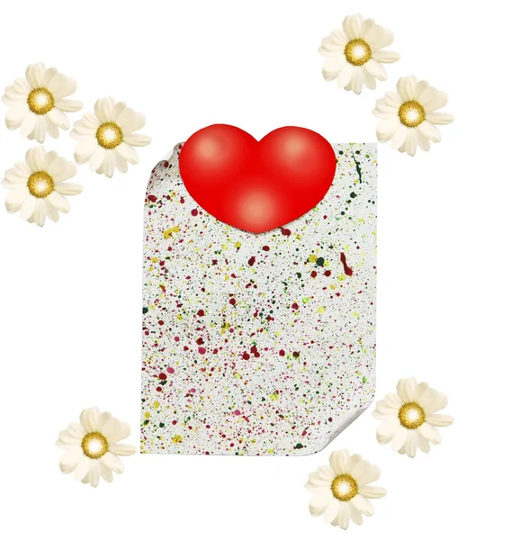 A sheet of paper with a heart and camomiles on a white backgroun — Stock Photo, Image