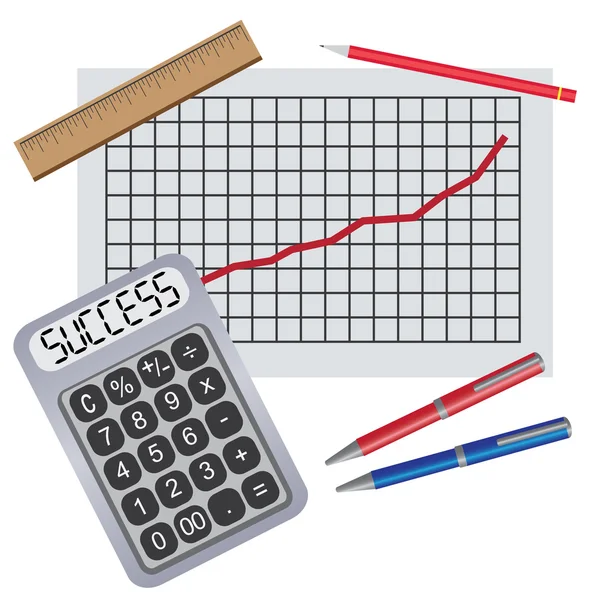 Calculadora com sucesso de escrita perto do gráfico com progresso . — Vetor de Stock