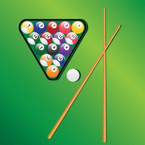 Billiard balls and cues for play game. — Stock Vector