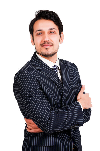 Portrait of a happy Arab businessman, biracial businessman isolated on white