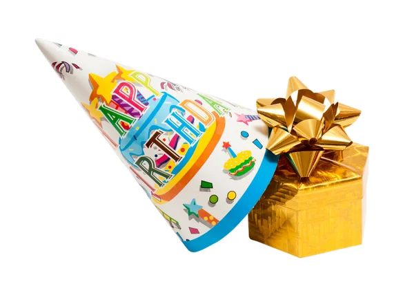 Felgekleurde feest hoed met doos van de gift — Stockfoto