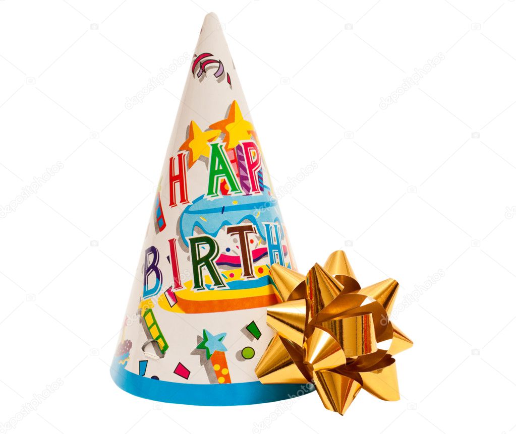 Brightly colored party hat with bow