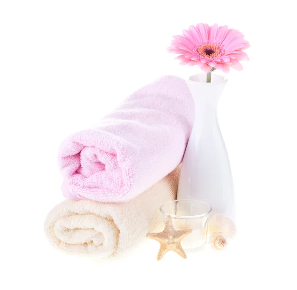 Vase, pink flower, two towels on white background — Stock Photo, Image