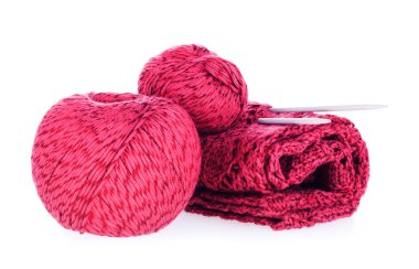 Skeins of red yarn, knitting work and needles clipart