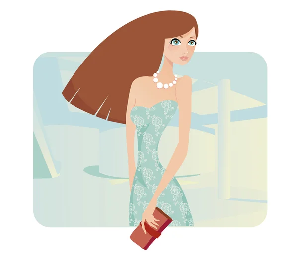 Glamour hölgy estélyi ruha holding tengelykapcsoló. — Stock Vector