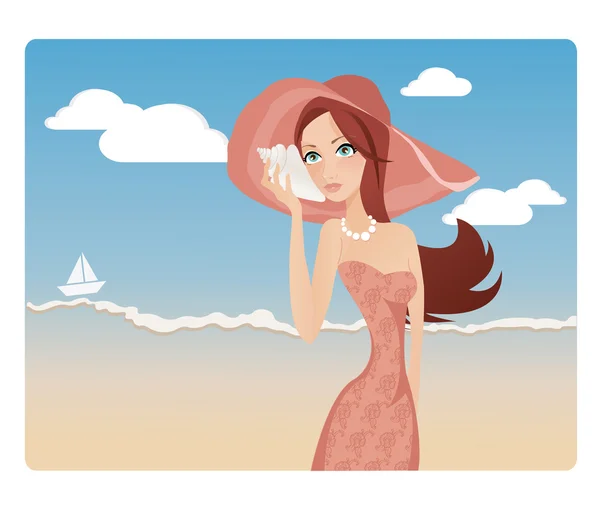 Güzel bir kadın tutarak ve bir deniz kabuğu kabuk dinleme sırasında — Stok fotoğraf