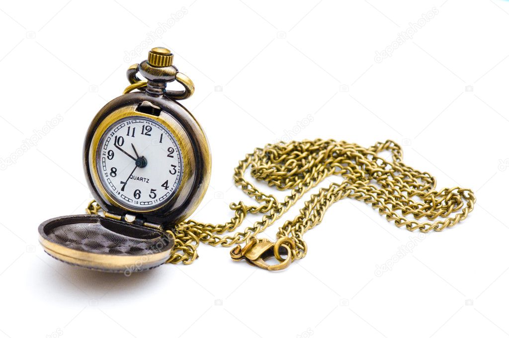 Old beautiful pocket watch. Isolated on white background.