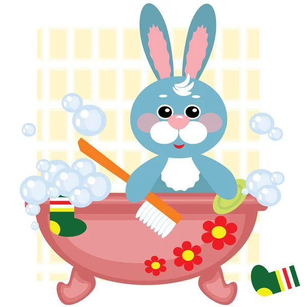 Заєць іграшка приймає душ у ванній — стокове фото