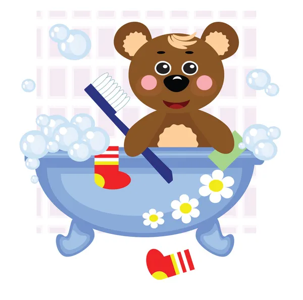 Teddy urso tomando banho no banho — Fotografia de Stock