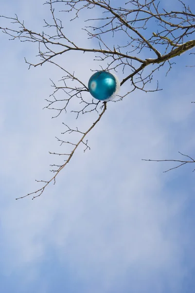 Vánoční hračky pokryté sněhem, visící na stromě. — Stock fotografie