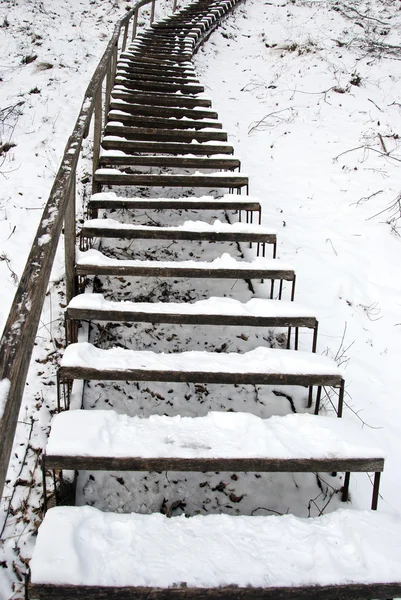 Merdivenlerin dik tepeye kış önde gelen kar kaplı — Stok fotoğraf