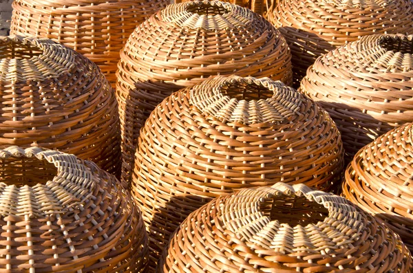 Wicker handmade wooden basket sell street market — Stock Photo, Image