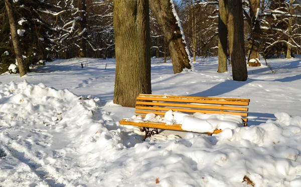 Banc de parc jaune recouvert de neige en hiver — Photo