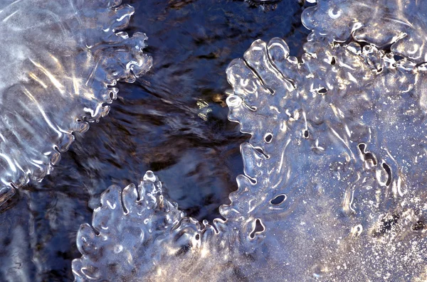 Forest stream frozen med ice närbild bakgrund — Stockfoto