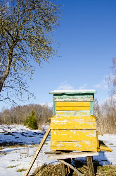 Colmeia de abelhas em casa no jardim da primavera derreter neve e céu — Fotografia de Stock