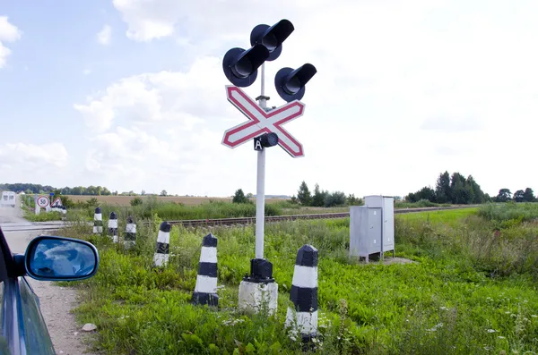 stock image Car stand railway crossing road traffic-light