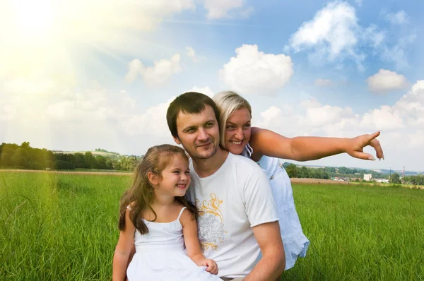Lekfull familj på ängen — Stockfoto