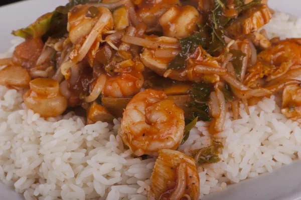 Chicken and shrimp sauce served with rice — Stock Photo, Image