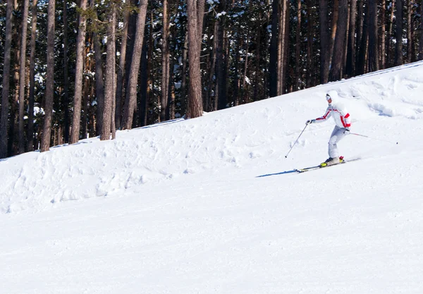 Le skieur descend sur la pente — Photo