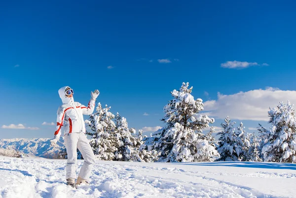 Cheery skier on the top of mountain — Stock Photo, Image