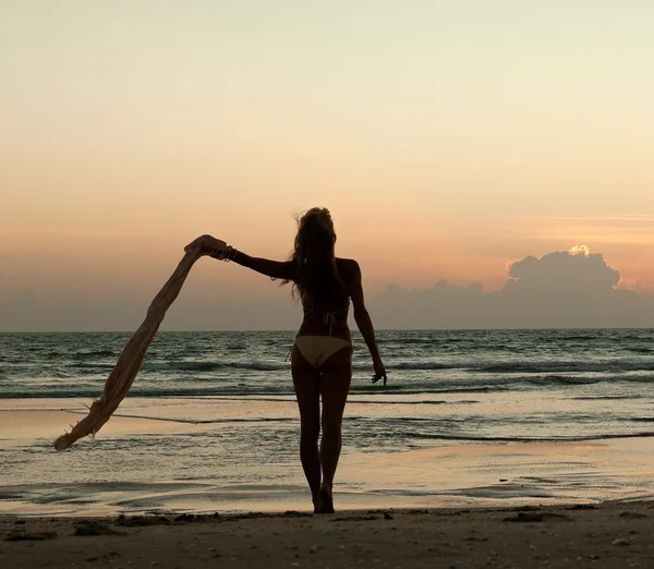 Mulher bonita de pé na praia ao pôr do sol — Fotografia de Stock