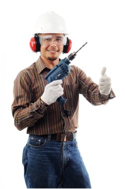 Happy workers show thow thumbs up while holding drill clipart