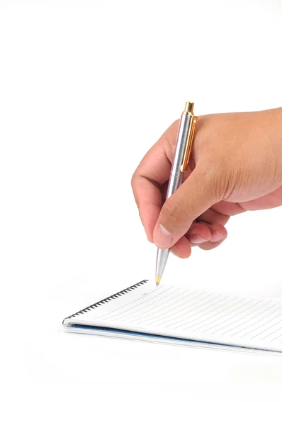 Mão segura uma caneta pronta para escrever — Fotografia de Stock