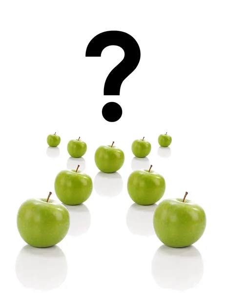 stock image Which or who concept using same green apple in cross postion