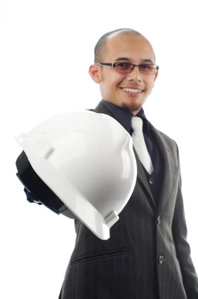 Uomo d'affari nand sopra il casco di sicurezza — Foto Stock