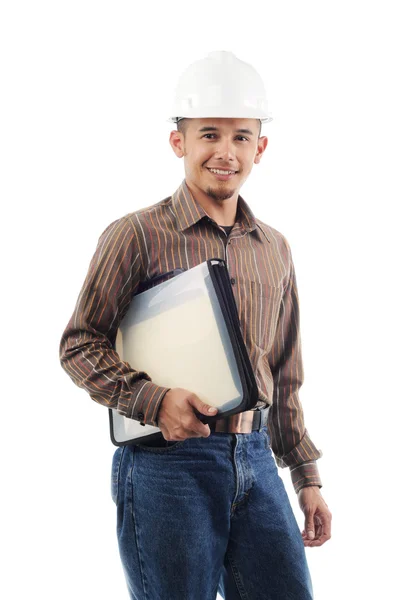 Happy worker smile while holding a file — Stock Photo, Image