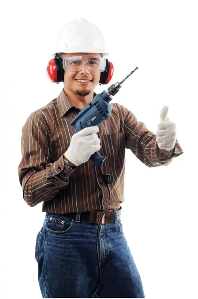 stock image Happy workers show thow thumbs up while holding drill