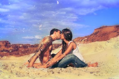 Young beautiful girl and guy in love outdoors clipart