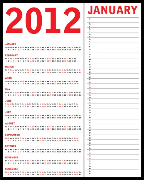Calendario rojo para 2012 — Vector de stock
