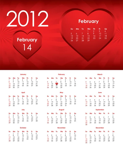 特别为情人节设计的 2012 年的日历 — 图库矢量图片