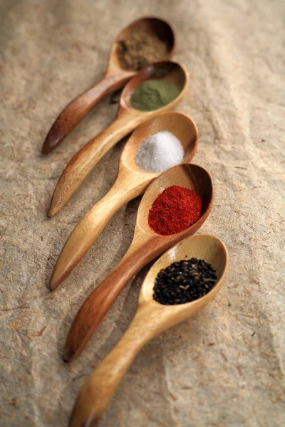 Displaying dried spices on spoons. — Stock Photo, Image