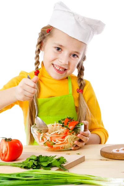 Little chef mix the salad — Stock Photo, Image