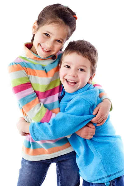 함께 서 있는 두 명의 행복 한 아이 스톡 사진