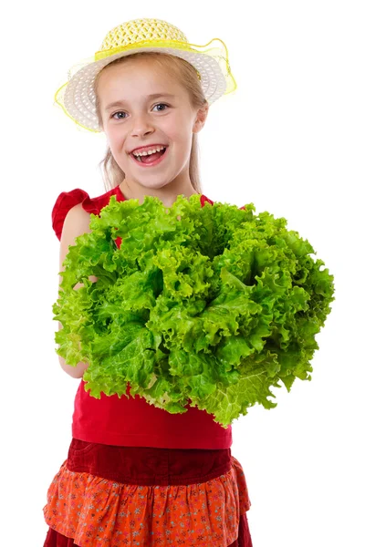 Smiling girl with lettuce salad — Stock Photo, Image