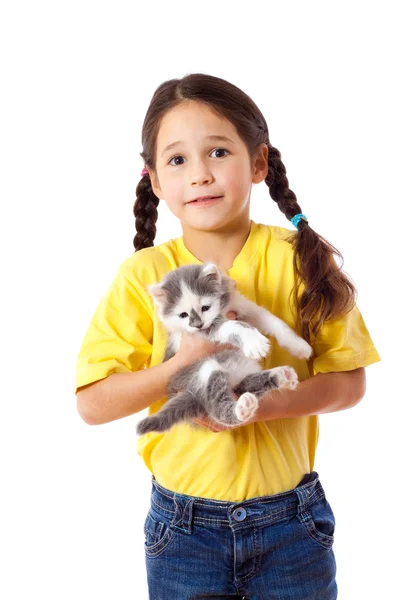 Little girl with kitty in hands — Stock Photo, Image