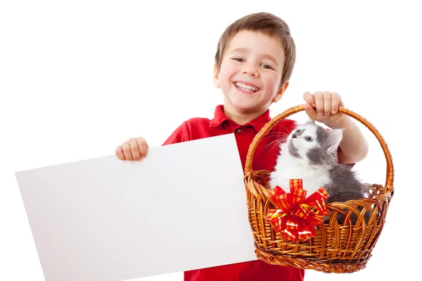 Little boy with kitty and banner — Stock Photo, Image