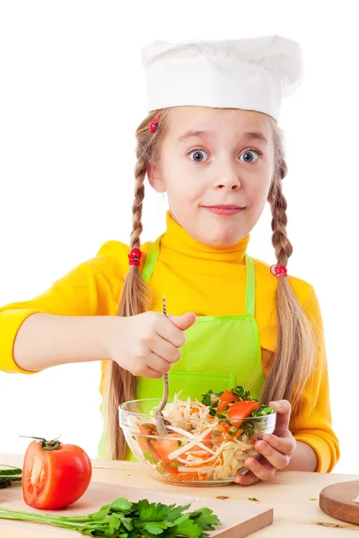 Little chef mix the salad — Stock Photo, Image