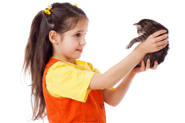 Маленька дівчинка з кошеням в руках — стокове фото